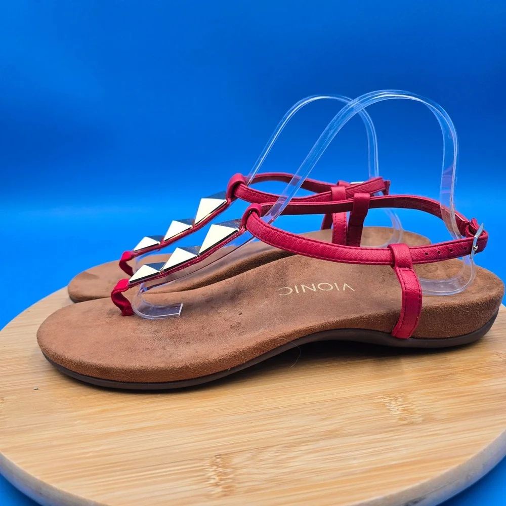 Vionic Nala Red‎ Leather Studded T-Strap Sandals Orthotic Support Womens 10